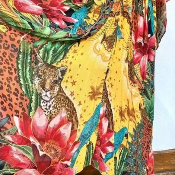Farm Rio Tropical Dreams Caftan Maxi Dress Yellow Multi Jungle Cheetah Print - Picture 5 of 9